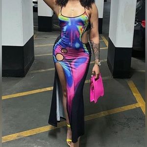 Graffiti Heat Body Print Side Split Maxi Bodycon Dress